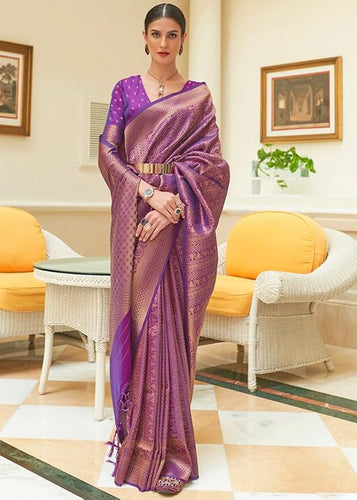 Purple Kanjivaram Silk Saree with Sequins Zari ClothsVilla