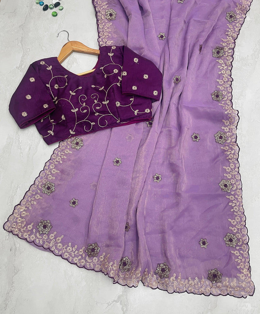 Purple Kasoli Silk Saree with Beautiful Embroidery and Contrast Thread Work ClothsVilla