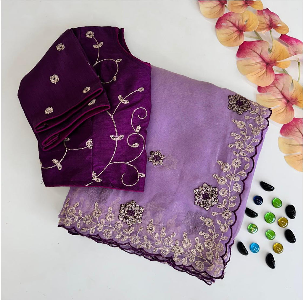 Purple Kasoli Silk Saree with Beautiful Embroidery and Contrast Thread Work ClothsVilla