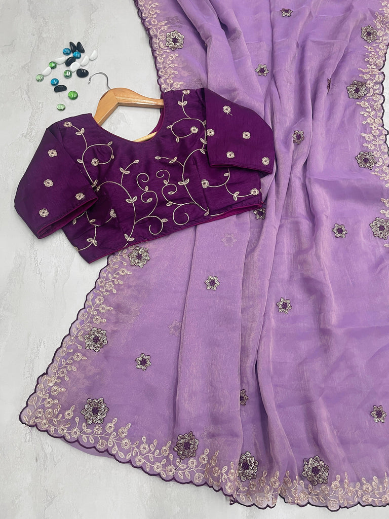 Purple Kasoli Silk Saree with Beautiful Embroidery and Contrast Thread Work ClothsVilla