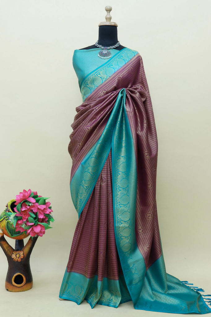 Purple Kuber Soft Silk Saree with Exquisite Golden Jari Work & Matching Blouse ClothsVilla