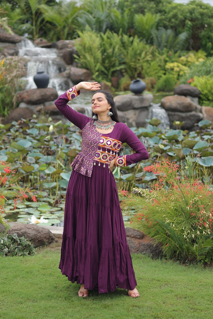 Purple Kutchi Gamthi Embroidered Rayon Frill Gown – 14 Kg Rayon, 12 Meter Flair, Fully Stitched with Cotton Lining ClothsVilla