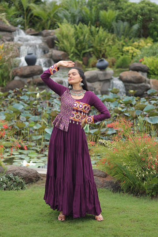 Purple Kutchi Gamthi Embroidered Rayon Frill Gown – 14 Kg Rayon, 12 Meter Flair, Fully Stitched with Cotton Lining ClothsVilla