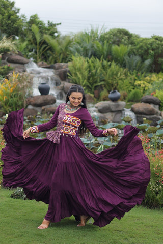 Purple Kutchi Gamthi Embroidered Rayon Frill Gown – 14 Kg Rayon, 12 Meter Flair, Fully Stitched with Cotton Lining ClothsVilla