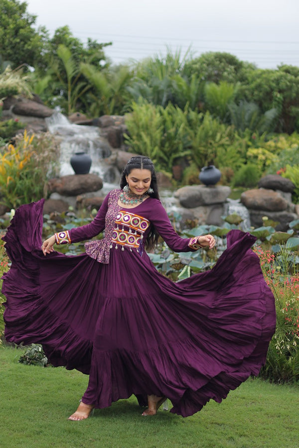 Purple Kutchi Gamthi Embroidered Rayon Frill Gown – 14 Kg Rayon, 12 Meter Flair, Fully Stitched with Cotton Lining ClothsVilla