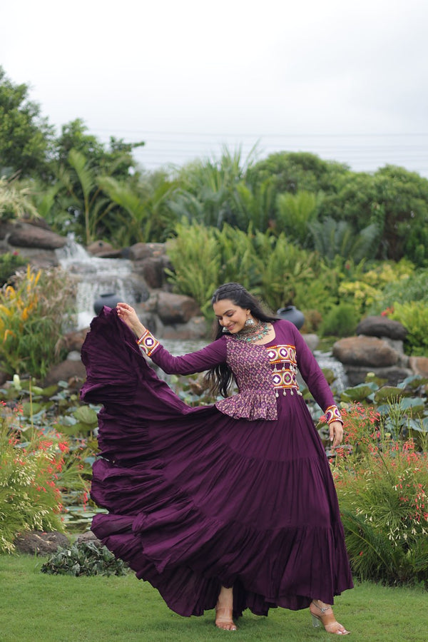 Purple Kutchi Gamthi Embroidered Rayon Frill Gown – 14 Kg Rayon, 12 Meter Flair, Fully Stitched with Cotton Lining ClothsVilla