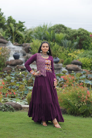 Purple Kutchi Gamthi Embroidered Rayon Frill Gown – 14 Kg Rayon, 12 Meter Flair, Fully Stitched with Cotton Lining ClothsVilla