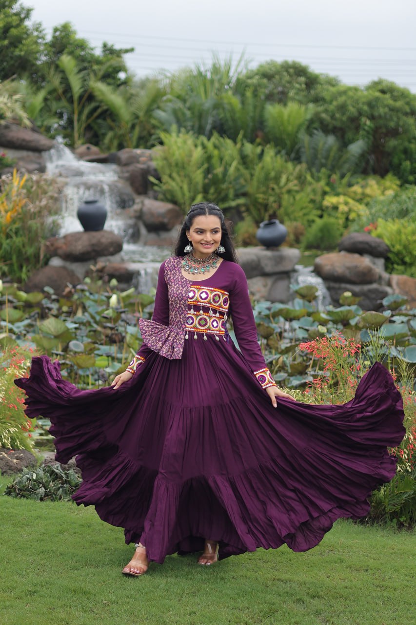 Purple Kutchi Gamthi Embroidered Rayon Frill Gown – 14 Kg Rayon, 12 Meter Flair, Fully Stitched with Cotton Lining ClothsVilla