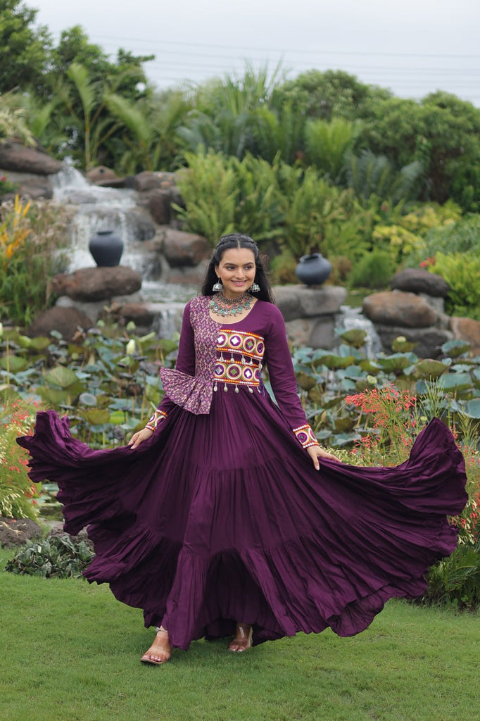Purple Kutchi Gamthi Embroidered Rayon Frill Gown – 14 Kg Rayon, 12 Meter Flair, Fully Stitched with Cotton Lining ClothsVilla