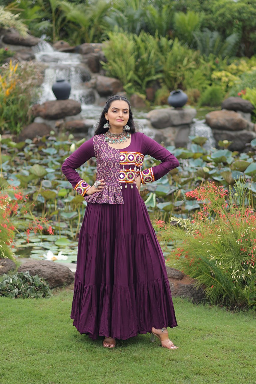 Purple Kutchi Gamthi Embroidered Rayon Frill Gown – 14 Kg Rayon, 12 Meter Flair, Fully Stitched with Cotton Lining ClothsVilla