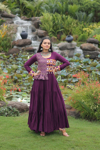Purple Kutchi Gamthi Embroidered Rayon Frill Gown – 14 Kg Rayon, 12 Meter Flair, Fully Stitched with Cotton Lining ClothsVilla