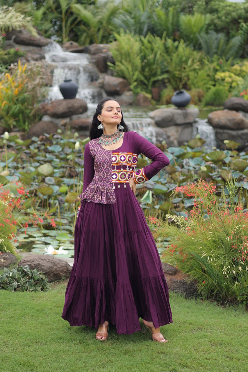 Purple Kutchi Gamthi Embroidered Rayon Frill Gown – 14 Kg Rayon, 12 Meter Flair, Fully Stitched with Cotton Lining ClothsVilla