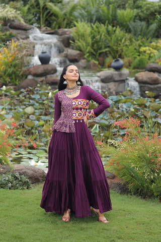 Purple Kutchi Gamthi Embroidered Rayon Frill Gown – 14 Kg Rayon, 12 Meter Flair, Fully Stitched with Cotton Lining ClothsVilla