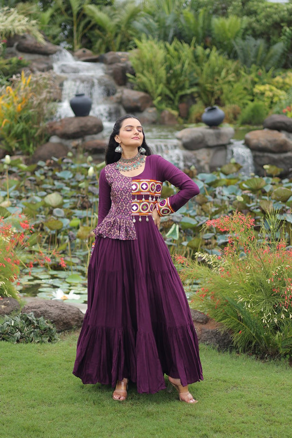 Purple Kutchi Gamthi Embroidered Rayon Frill Gown – 14 Kg Rayon, 12 Meter Flair, Fully Stitched with Cotton Lining ClothsVilla