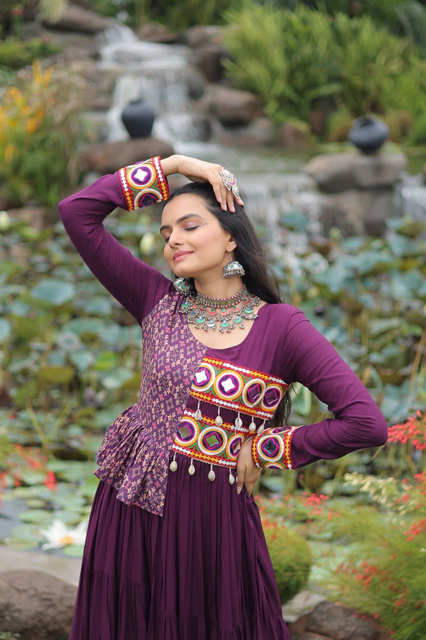 Purple Kutchi Gamthi Embroidered Rayon Frill Gown – 14 Kg Rayon, 12 Meter Flair, Fully Stitched with Cotton Lining ClothsVilla