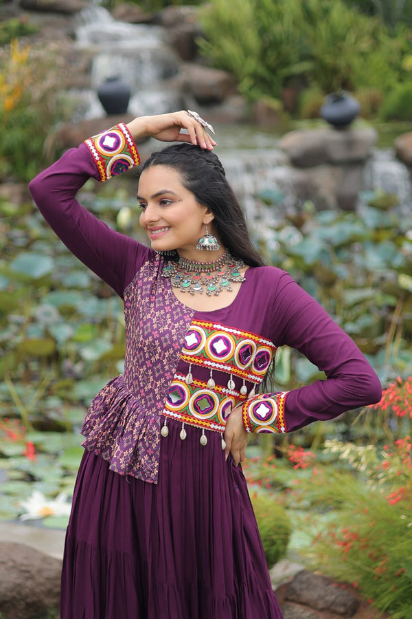 Purple Kutchi Gamthi Embroidered Rayon Frill Gown – 14 Kg Rayon, 12 Meter Flair, Fully Stitched with Cotton Lining ClothsVilla