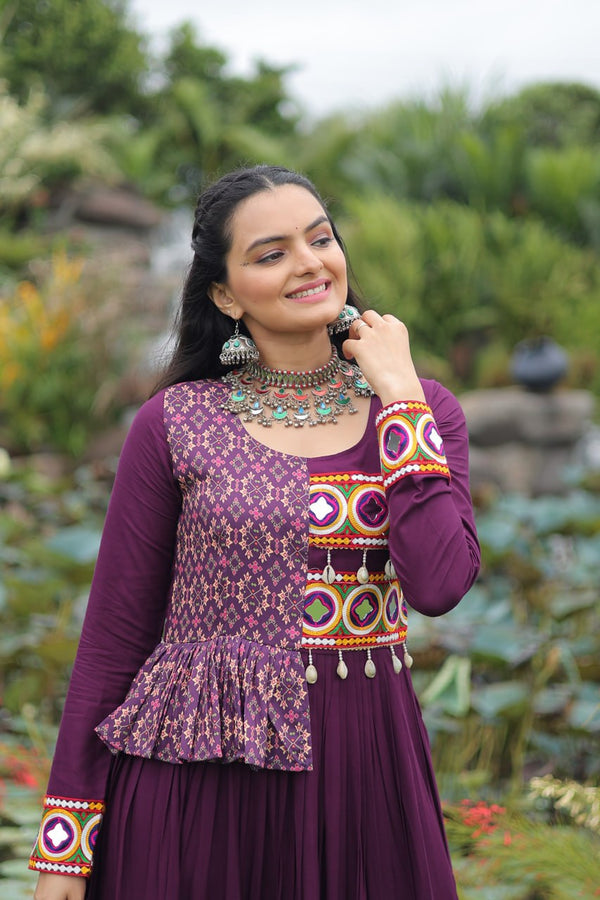 Purple Kutchi Gamthi Embroidered Rayon Frill Gown – 14 Kg Rayon, 12 Meter Flair, Fully Stitched with Cotton Lining ClothsVilla