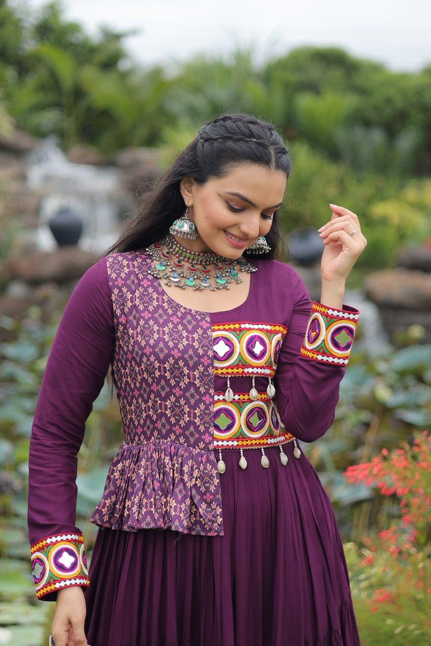 Purple Kutchi Gamthi Embroidered Rayon Frill Gown – 14 Kg Rayon, 12 Meter Flair, Fully Stitched with Cotton Lining ClothsVilla