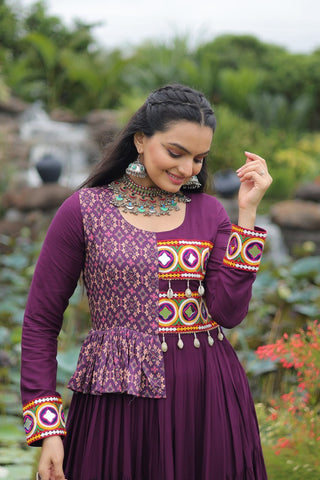 Purple Kutchi Gamthi Embroidered Rayon Frill Gown – 14 Kg Rayon, 12 Meter Flair, Fully Stitched with Cotton Lining ClothsVilla