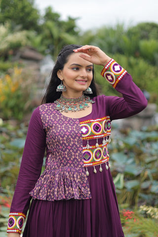 Purple Kutchi Gamthi Embroidered Rayon Frill Gown – 14 Kg Rayon, 12 Meter Flair, Fully Stitched with Cotton Lining ClothsVilla