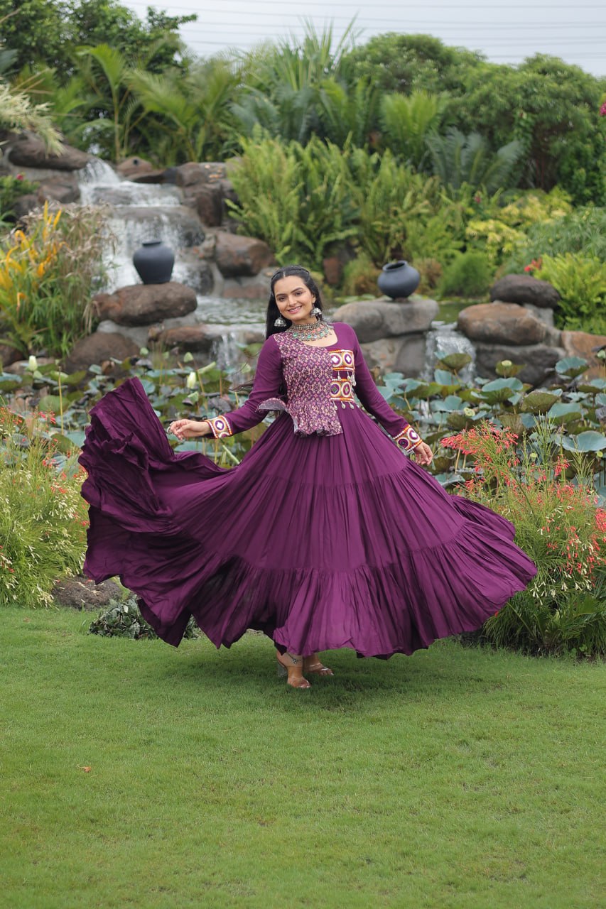 Purple Kutchi Gamthi Embroidered Rayon Frill Gown – 14 Kg Rayon, 12 Meter Flair, Fully Stitched with Cotton Lining ClothsVilla