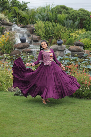 Purple Kutchi Gamthi Embroidered Rayon Frill Gown – 14 Kg Rayon, 12 Meter Flair, Fully Stitched with Cotton Lining ClothsVilla