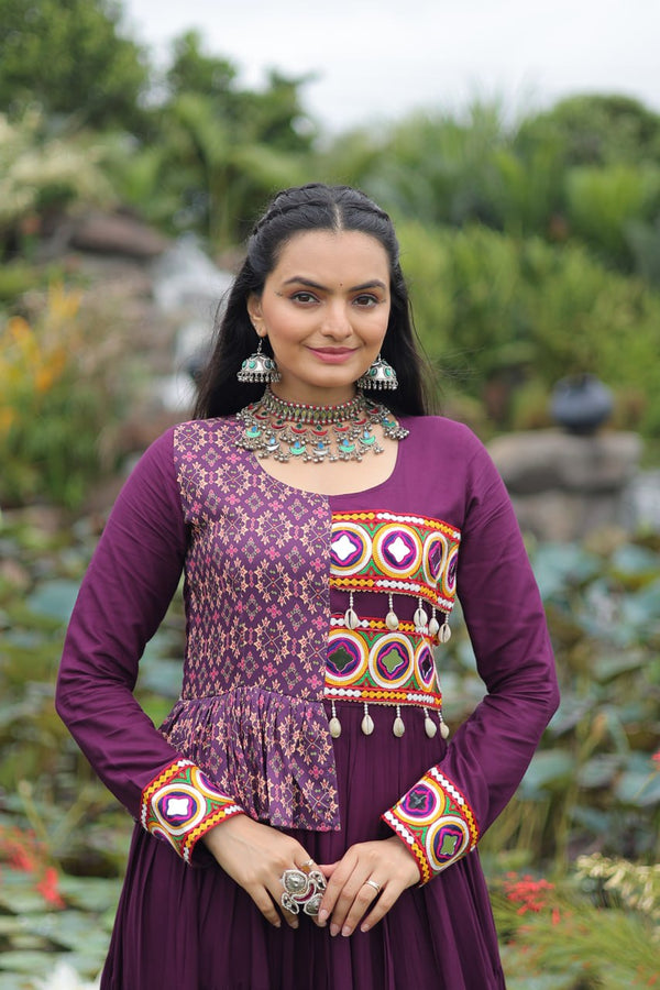 Purple Kutchi Gamthi Embroidered Rayon Frill Gown – 14 Kg Rayon, 12 Meter Flair, Fully Stitched with Cotton Lining ClothsVilla