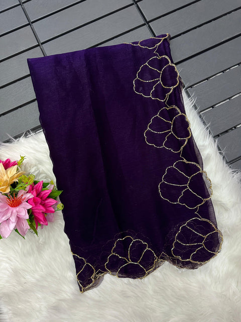 Purple Lotus Jari Silk Saree with Exquisite Golden Handwork & Running Blouse ClothsVilla Main image