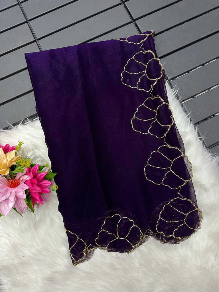 Purple Lotus Jari Silk Saree with Exquisite Golden Handwork & Running Blouse ClothsVilla