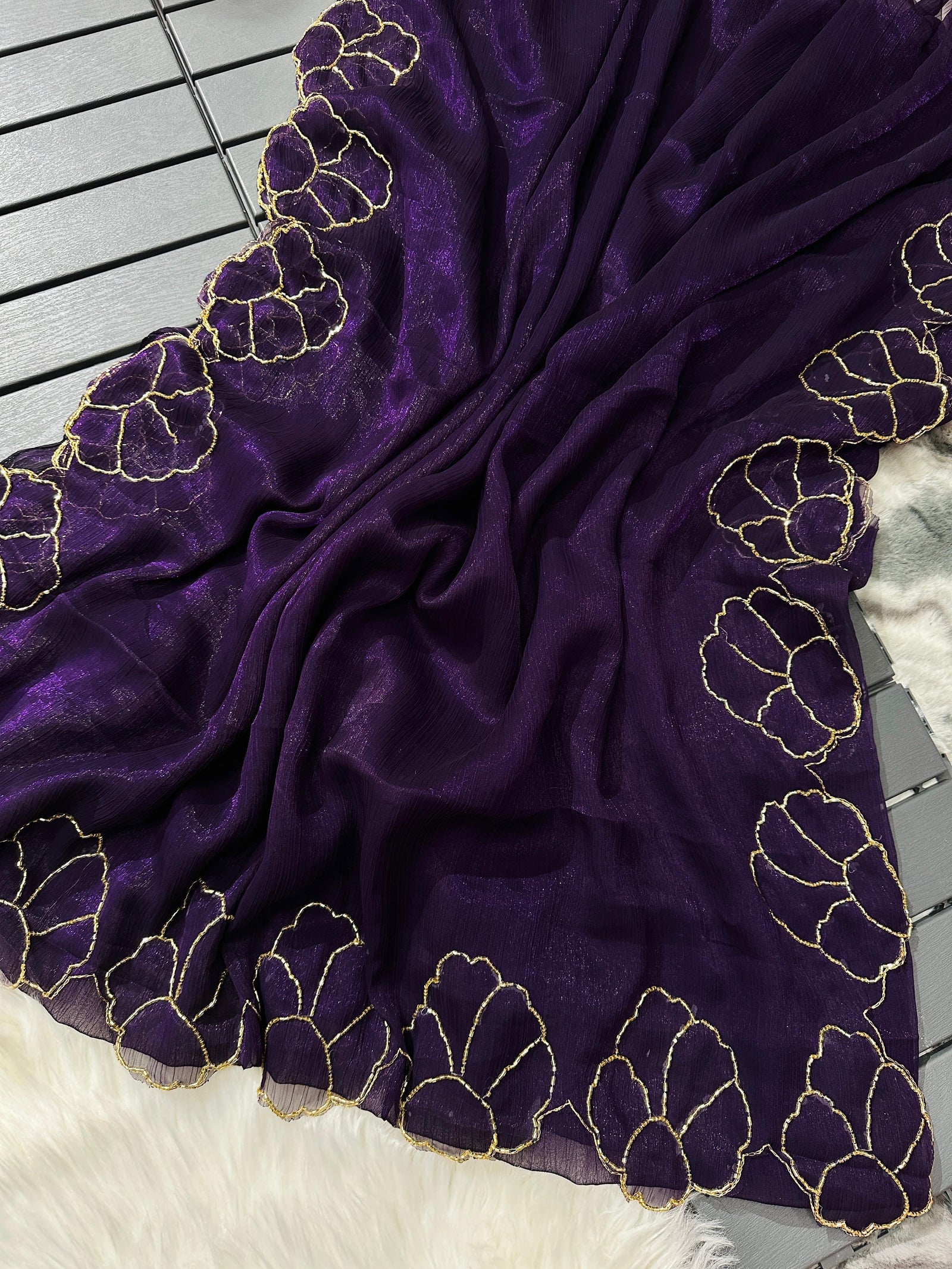 Purple Lotus Jari Silk Saree with Exquisite Golden Handwork & Running Blouse ClothsVilla