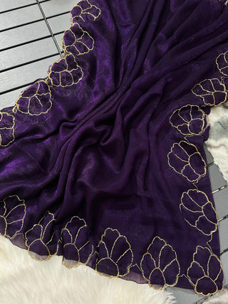 Purple Lotus Jari Silk Saree with Exquisite Golden Handwork & Running Blouse ClothsVilla