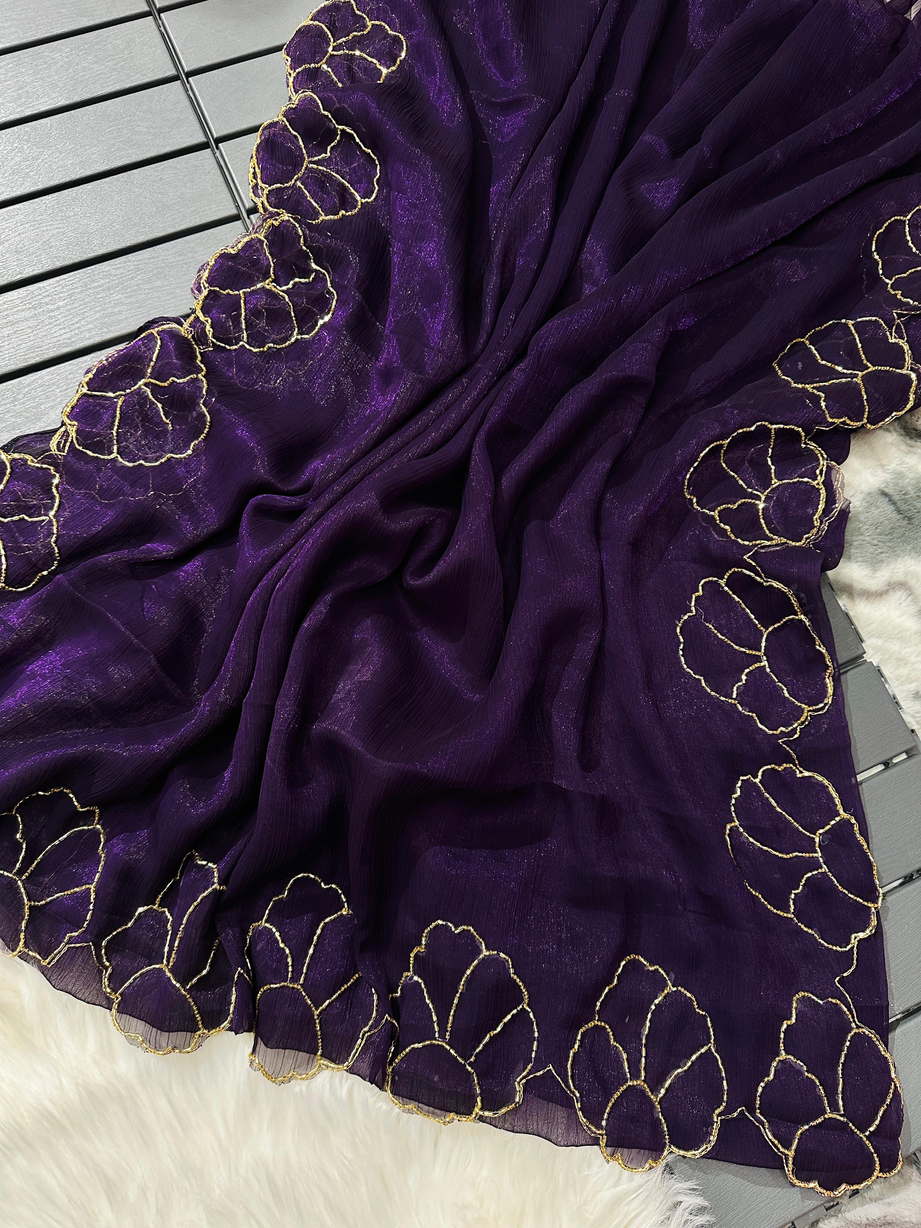 Purple Lotus Jari Silk Saree with Exquisite Golden Handwork & Running Blouse ClothsVilla