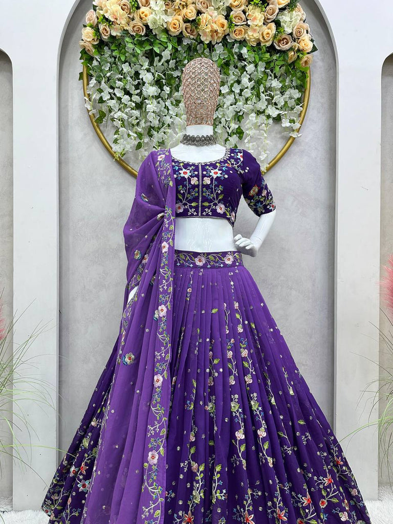 Purple Luxe Digital Print Faux Georgette Lehenga Set with Sequence Embroidery & Matching Dupatta ClothsVilla