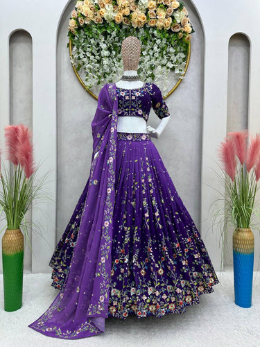 Purple Luxe Digital Print Faux Georgette Lehenga Set with Sequence Embroidery & Matching Dupatta ClothsVilla