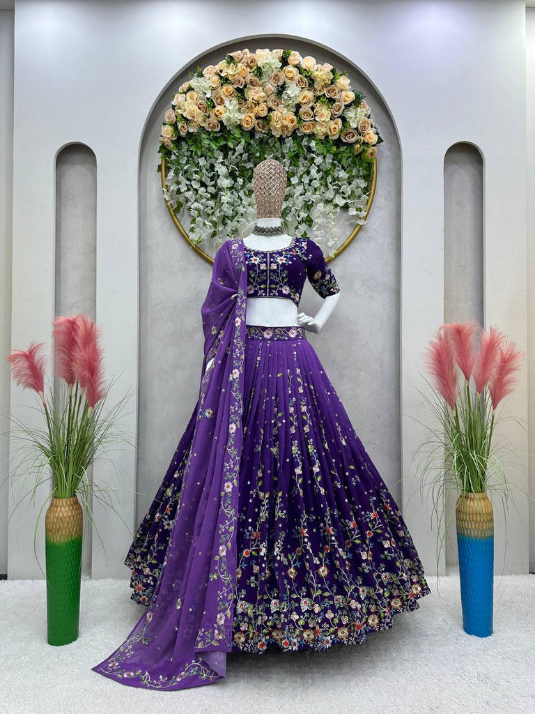 Purple Luxe Digital Print Faux Georgette Lehenga Set with Sequence Embroidery & Matching Dupatta ClothsVilla
