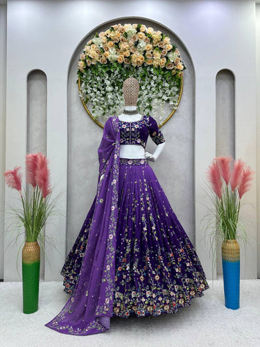 Purple Luxe Digital Print Faux Georgette Lehenga Set with Sequence Embroidery & Matching Dupatta ClothsVilla