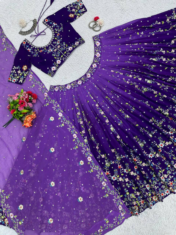 Purple Luxe Digital Print Faux Georgette Lehenga Set with Sequence Embroidery & Matching Dupatta ClothsVilla