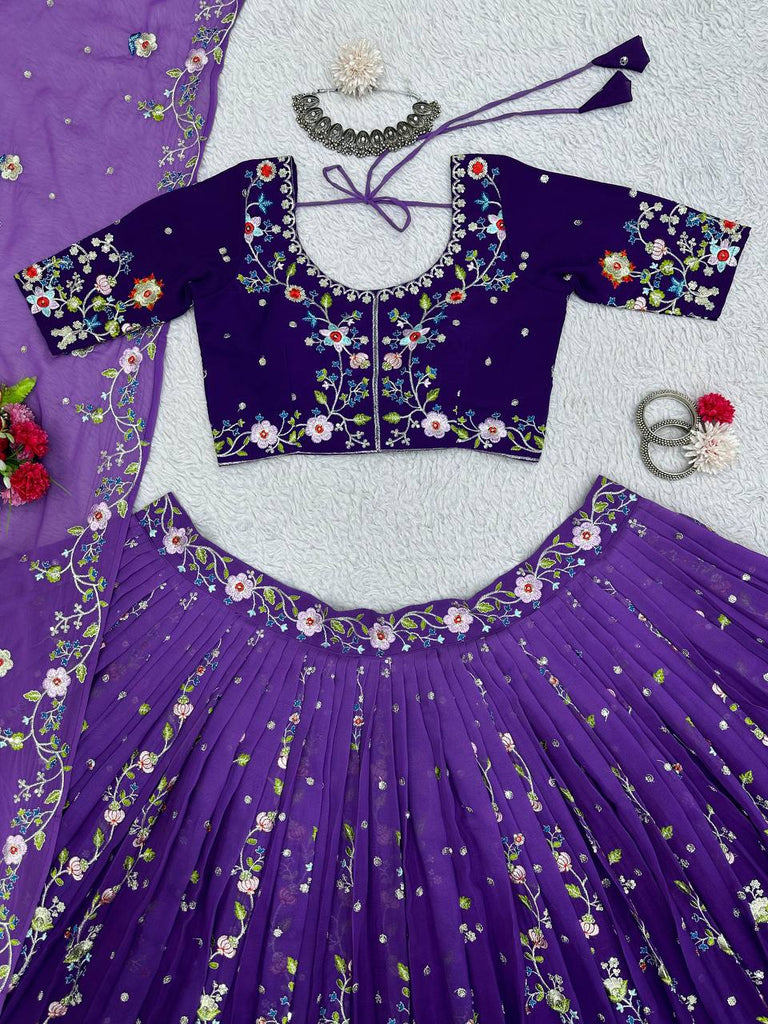 Purple Luxe Digital Print Faux Georgette Lehenga Set with Sequence Embroidery & Matching Dupatta ClothsVilla