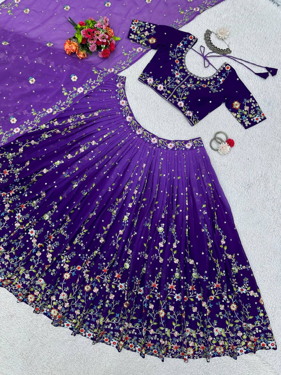 Purple Luxe Digital Print Faux Georgette Lehenga Set with Sequence Embroidery & Matching Dupatta ClothsVilla