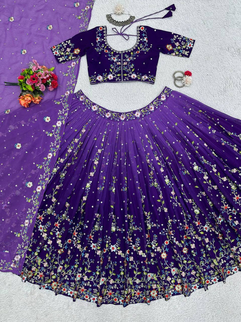 Purple Luxe Digital Print Faux Georgette Lehenga Set with Sequence Embroidery & Matching Dupatta ClothsVilla
