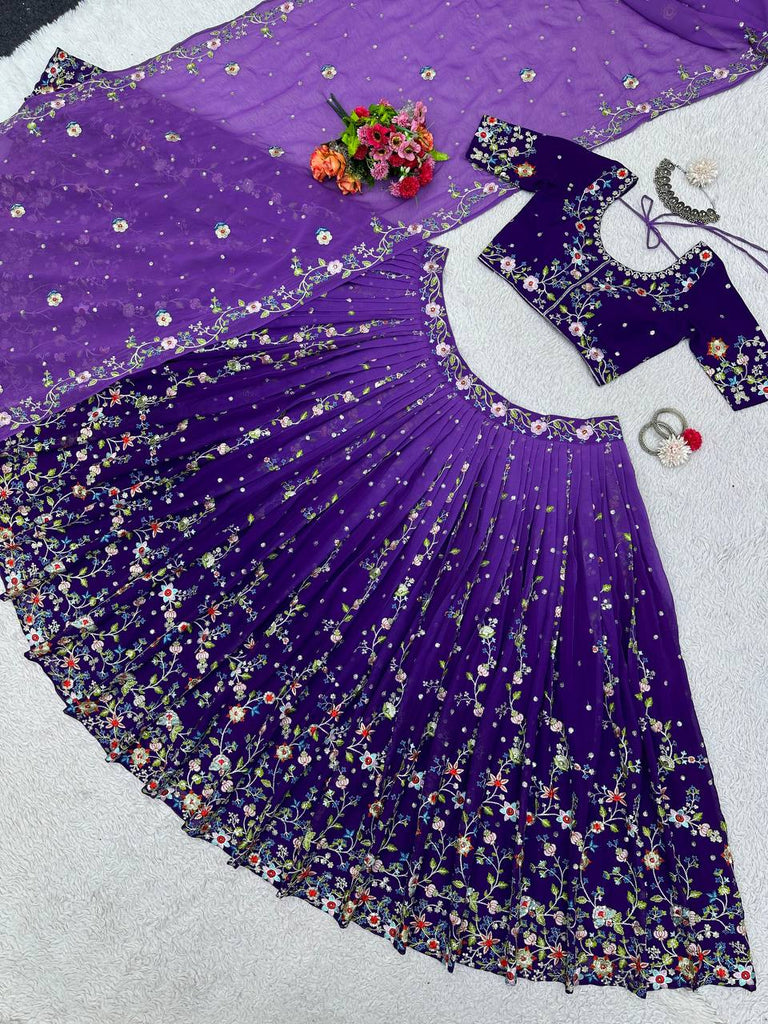 Purple Luxe Digital Print Faux Georgette Lehenga Set with Sequence Embroidery & Matching Dupatta ClothsVilla
