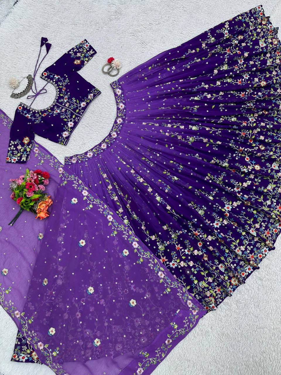 Purple Luxe Digital Print Faux Georgette Lehenga Set with Sequence Embroidery & Matching Dupatta ClothsVilla