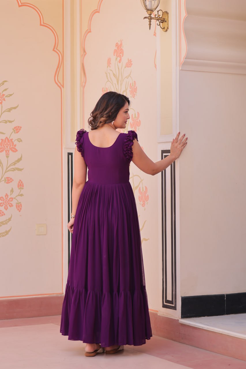 Purple Luxe Faux Blooming Embroidered Gown with Double Frill Sleeves Clothsvilla