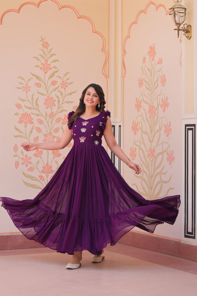 Purple Luxe Faux Blooming Embroidered Gown with Double Frill Sleeves Clothsvilla