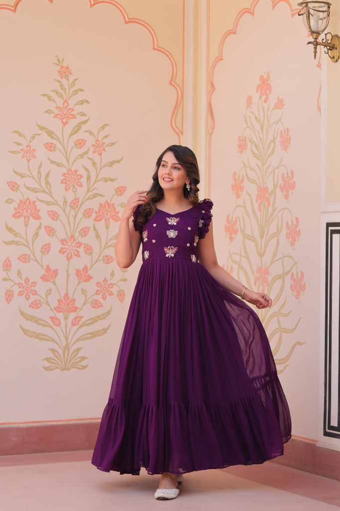Purple Luxe Faux Blooming Embroidered Gown with Double Frill Sleeves Clothsvilla