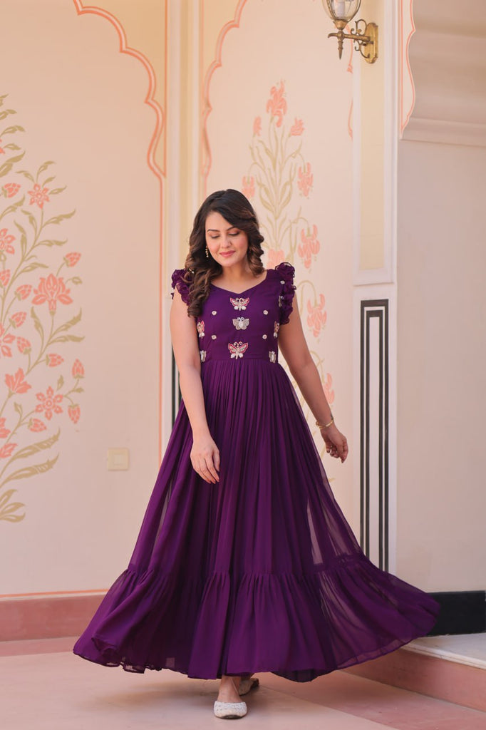 Purple Luxe Faux Blooming Embroidered Gown with Double Frill Sleeves Clothsvilla