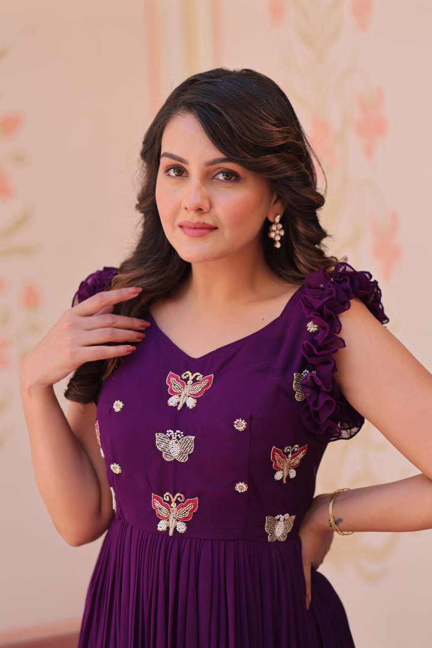Purple Luxe Faux Blooming Embroidered Gown with Double Frill Sleeves Clothsvilla
