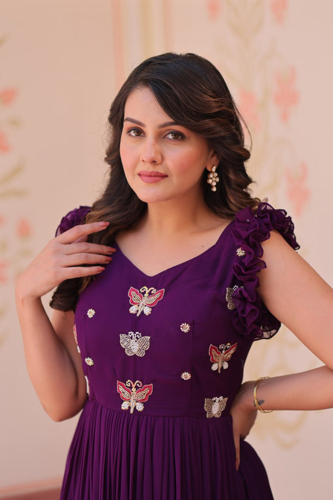 Purple Luxe Faux Blooming Embroidered Gown with Double Frill Sleeves Clothsvilla