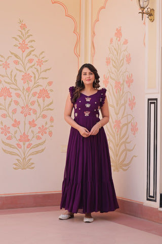 Purple Luxe Faux Blooming Embroidered Gown with Double Frill Sleeves Clothsvilla