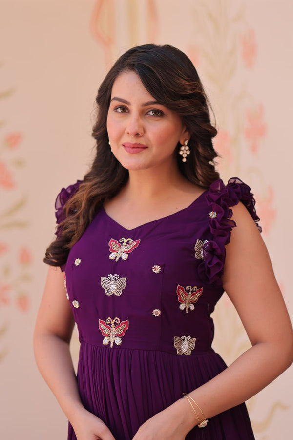 Purple Luxe Faux Blooming Embroidered Gown with Double Frill Sleeves Clothsvilla